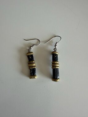 Black Faux Leather Brass Tone Boho Dangle Earrings